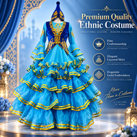 Costume de scène ethnique bleu professionnel pour femmes, robe de danse folklorique à plusieurs couches et volants avec broderie dorée