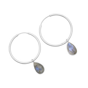 Solid 925 <b>Sterling</b> <b>Silver</b> French Hoop Earrings Trendy Pear Shape Labradorite Gemstone Gold Plated Designer Jewelry for Weddings - Product Image 4