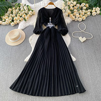 Robe longue élégante WIWT à col en V, manches bouffantes, décorations en strass, plissée, coupe trapèze, pour femme, soirée, tenue décontractée, soirée