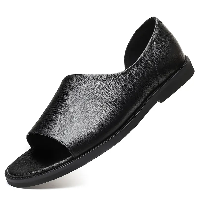 Genuine Leather Shoes Men Sandals 2022 Summer Cow Leather Mens Sandals Flat Non-slip Male Holiday Shoes Black Slip-on