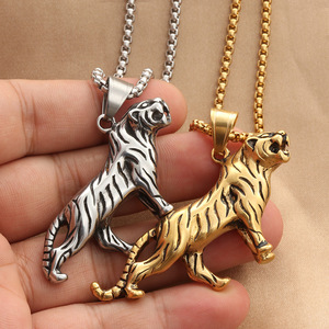 Yunnique Geometric Tiger Pendant Necklace Stainless Steel Animal Shape Men's Fashion Jewelry <b>Titanium</b> Steel <b>Chain</b> Silver Gold - Product Image 3
