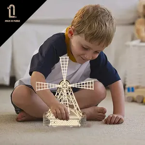 Puzzle kayu 3D, mainan perakitan kincir angin untuk anak-anak