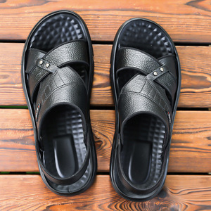 Blnr Sandales à coussin d'air en cuir de vache pour hommes, chaussures de plage à semelle épaisse avec sangle croisée, à enfiler, taille jeune 6937 - Product Image 2