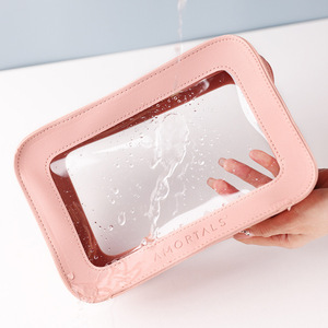 Korean style trendy <b>makeup</b> <b>bag</b>, portable leather and PVC patchwork toiletry <b>bag</b>, large capacity travel organizer. - Product Image 4