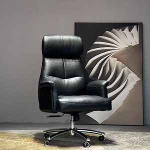 Modern Design Black Office <strong>Chair</strong> with Genuine Leather Ergonomic Adjustable Height <strong>Rotating</strong> Wheel Fixed Armrests Home Office - Product Image 3