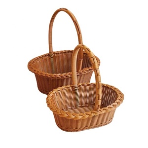 Woven Storage Shopping Baskets Round Rattan Plastic Food Bread Basket With Handle