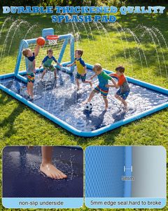 Tapis de jeu aquatique 3 en 1 pour enfants avec arroseur, 118x137, extra large, antidérapant, avec but de football et panier de basket, pour l'extérieur - Product Image 4