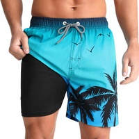 Zeetoo Short de bain pour homme avec doublure de compression, entrejambe de 5 pouces, séchage rapide, en Spandex/Polyester, imprimé palmiers et oiseaux
