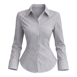 <b>Women's</b> <b>Striped</b> Button-Down Blouse Long Sleeve Turn-Down Collar Classic Fit Office Wear Fabric 100% Cotton Breathable Front - Product Image 1