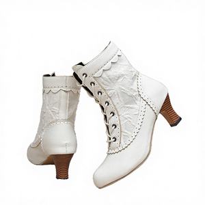 Autumn Winter Solid Lace Cutout Ankle Boots Women's Chunky Thin Heel Lace-Up Tassel Boot Height Increasing - Product Image 4