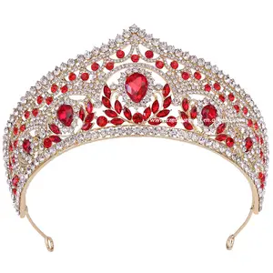 New Red Crystal Bride Rhinestone Bridal Big Crown Rainha Tiara Rhinestone Gold Crown Para Mulheres Acessórios para o cabelo