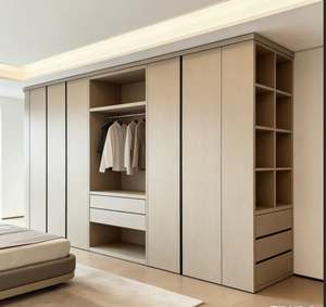 Wood Tone Bedroom <b>Wardrobe</b> with Curved Edge Open Storage Area Hanging Space Built in Drawers Spacious Clothes Closet Furniture - Product Image 6