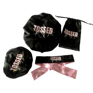Wig Bonnet Edge <b>Scarf</b> Set Custom Logo Double Layer Hair Wraps Sleep Cap Bags Satin Bonnets With Drawstring Promotion Gift - Product Image 1