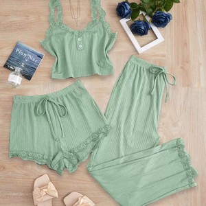 Nouveaux ensembles de pyjamas d'été 3 pièces pour femmes 2025 – Débardeur, short et pantalon unis avec empiècements en dentelle pour la maison – Ensembles de nuit sexy - Product Image 2