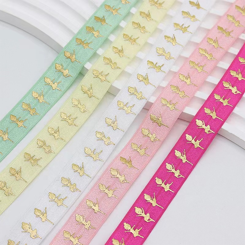 1.5cm Custom High Elastic Band Gold Foil Fold Over Polyester Elastic Printed Ribbon For Bracelet