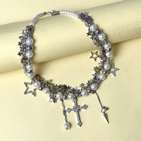 Collier à pampilles étoilées en perles pour femme, style subculture du commerce extérieur, chaîne de clavicule avec pendentif croix au design de niche