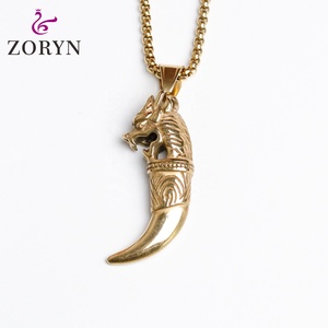 Pendentif Tête de Dragon Plaqué Or, Dents de Loup, Style Chinois Vintage Viking, Protection Punk Hip Hop, Bijoux en Acier Inoxydable pour Hommes et Femmes - Product Image 1