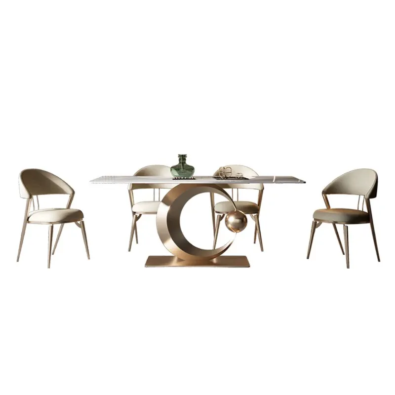 Yeni tasarım ev yemek odası yemek masası seti 8 koltuk Modern mermer yemek masası ve sandalye ile Metal taban
