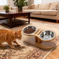 Erhöhte Verstellbare Geneigte Abgerundete Holz-Katzenfutterschale für Katzen Welpen Kleine Hunde Verstellbarer Futter- und Wasserständer (Designer-Stil)