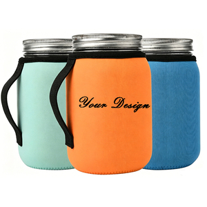 Manchon isotherme en néoprène pour bocal Mason 32oz (bouche standard et large) avec poignée, personnalisable avec logo, réutilisable pour fêtes en extérieur - Product Image 1