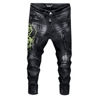 Jean pour hommes, mode automne-hiver, vêtement Style Punk, vert, perçage à chaud, meule blanc, noir, tête de mort, pantalon Hip hop, collection 2021