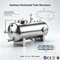 Tanque Horizontal Sanitario de Grado Farmacéutico de 500-30000L, Acero Inoxidable 316L, Pulido Espejo, Agua Purificada, ASME CE, Fabricante