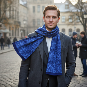 Blue <b>Navy</b> Blue Woolly Shawl Patterned Digital Print Double Sided Men's One Size Scarf - Product Image 3