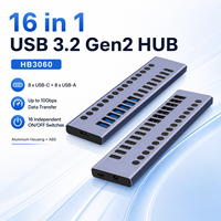 Hub USB 3.2 Gen2 16-in-1, 10Gbps, 8x USB-C + 8x USB-A, Sakelar Individual, Hub Multiport Bertenaga Aluminium