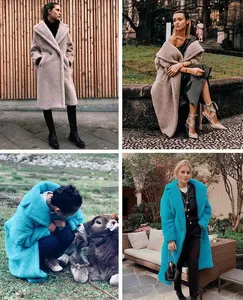 Модный дизайн, розовое шуба из плюшевого меха, Женское пальто из натуральной овечьей шерсти, длинное шерстяное плюшевое пальто