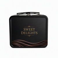Boîte de rangement rectangulaire en fer blanc écologique et recyclable 143x122x57mm avec poignée, personnalisable avec logo imprimé, pour jouets, biscuits, cadeaux