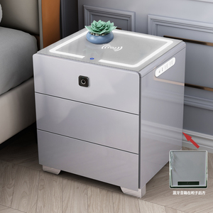 Table de chevet intelligente de luxe moderne blanc noir gris bois avec lumière led haut-parleurs chargeur empreinte digitale <span class=keywords><strong>3</strong></span> <span class=keywords><strong>tiroirs</strong></span> meubles de chambre - Product Image 4