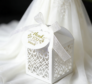 <b>White</b> Hollow Out Favor <b>Box</b> Made Of Pearlescent Cardboard With Laser Engraving And Organza Ribbon Fresh - Product Image 4