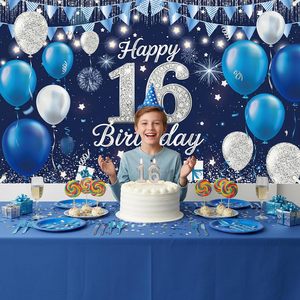 Décorations de fête pour 16e <span class=keywords><strong>anniversaire</strong></span>, Bannière de fond bleue pour 16e <span class=keywords><strong>anniversaire</strong></span>, Panneau de table de gâteau d'<span class=keywords><strong>anniversaire</strong></span> pour garçons et filles, Décoration de jardin - Product Image 3