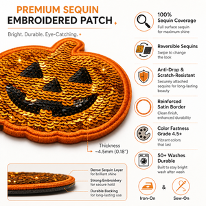 Patch brodé personnalisé en sequins dorés pour Halloween, motif citrouille Jack O'Lantern, décorations de fête haut de gamme à thermocoller sur les vêtements - Product Image 1