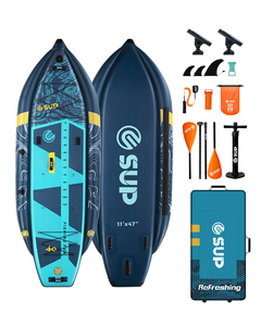 E SUP Planche de Pêche Gonflable Robuste avec Porte-Cannes, Nez Anti-Vagues, Trois Chambres d'Air, Étanche, Pliable, 1680D, Sac à Roulettes et <span class=keywords><strong>Pompe</strong></span> - Product Image 2