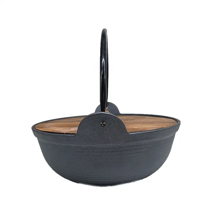 24cm yuvarlak şekil derin ağır pot pre-seasoned dökme demir japon wok ahşap kapak