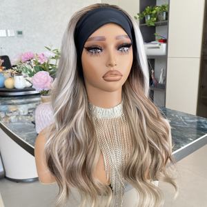 Perruque synthétique ondulée sans lacets, très populaire, en fibre haute température, marron avec mèches blondes, avec bandeau, pour femmes noires - Product Image 3