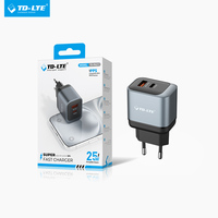Chargeur mural double port 25W PD Type-C et 20W USB-A, prise EU, mini, portable, universel, chargeur rapide, noir