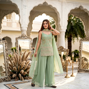 Conjunto de Salwar Kameez para Mujer, Color Verde Menta, Bordado, Top Corto sin Mangas, Chaniya hasta la Rodilla, Dupatta, Traje para Boda o Fiesta - Product Image 1
