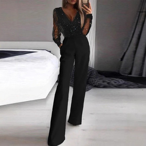 Combinaison noire en maille à sequins pour femme, taille mi-haute, transparente, élégante, pour soirée cocktail - Product Image 3