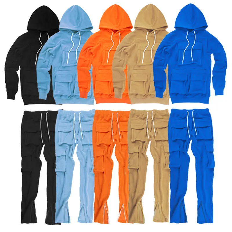 Fleece Sportswear Two Piece Set Multi Pockets Men's Hooded Sweatshirt Cargo Pants Jogging Suit For Men Tracksuits