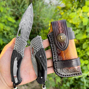 Japans gesmeed damaststaal camping- en jachtmes, opvouwbaar zakmes met comfortabel ebbenhouten handvat en leren schede voor heren - Product Image 6