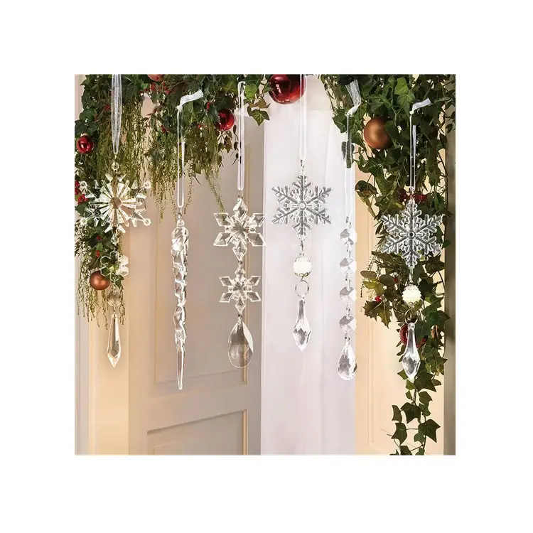 Pack of 10 Piece Crystal Christmas Ornaments Tree Decorations-Hanging Acrylic Snowflake and Icicle Ornaments with Drop Pendants