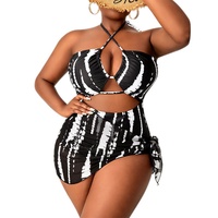 Maillot de bain bikini 3 pièces tendance pour femme, en polyester noir et blanc, tailles XL et 4XL, avec détails en maille, coupe halter