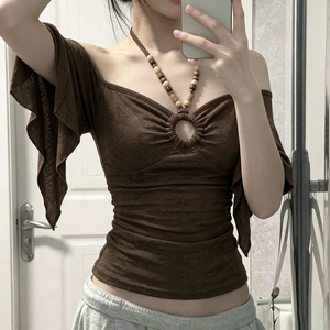 Blouse décontractée d'été pour femme, style Y2K, épaules dénudées, manches évasées irrégulières, en tricot respirant, streetwear - Product Image 3