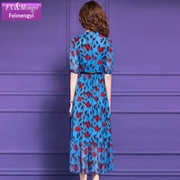Robe d'été respirante et ajustée à manches courtes FMY62924, jupe trapèze imprimée bleue, taille haute, élégante et tendance pour femme