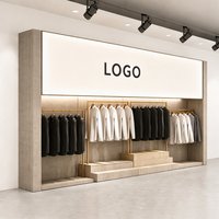 Présentoir mural personnalisé gratuit pour vêtements, style industriel, avec boîte lumineuse pour logo et plateforme étagée