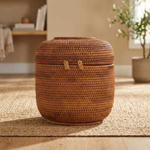 Natural Rattan Woven Storage Basket Circle Shape Eco-Friendly Rustic Style Multi-Purpose Container - Product Image 4