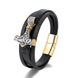 yunnique Thor's Hammer Bracelet Black Leather Magnetic Clasp Viking Style Jewelry Gift - Product Image 5