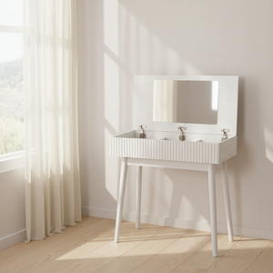 Table de maquillage moderne pliable en bois, certifiée BSCI-FSC, OEM, écologique, avec miroir carré, couleur et taille personnalisables, multi-usages pour salon - Product Image 2
